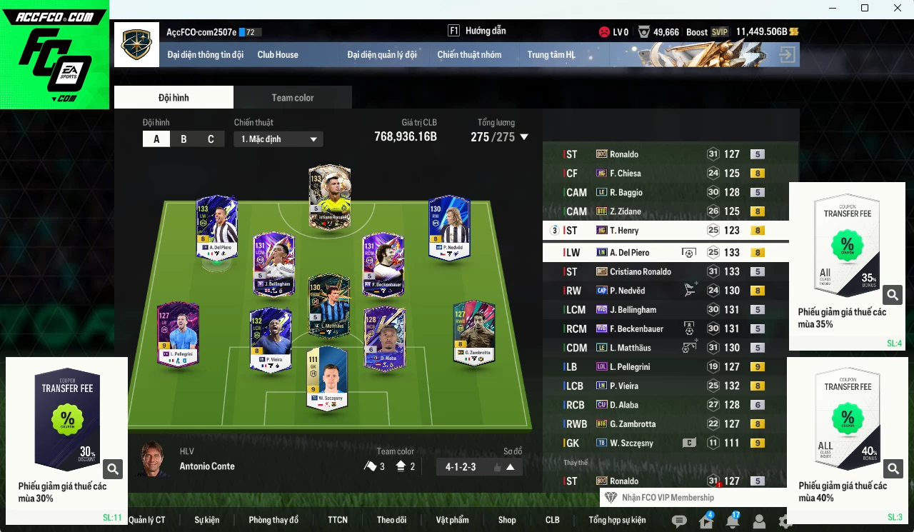Ảnh Quốc Dân 768.930b dư 11.400b có CR7 BLD, Matthaus LE, Beckenbauer WB, Del Piero LN, Bellingham WB, Baggio LE, Ronaldo BDO, Zidane BTB, Vieira LN, Alaba CU+6, Nedved CAP... Còn nhiều CP GIẢM THUẾ